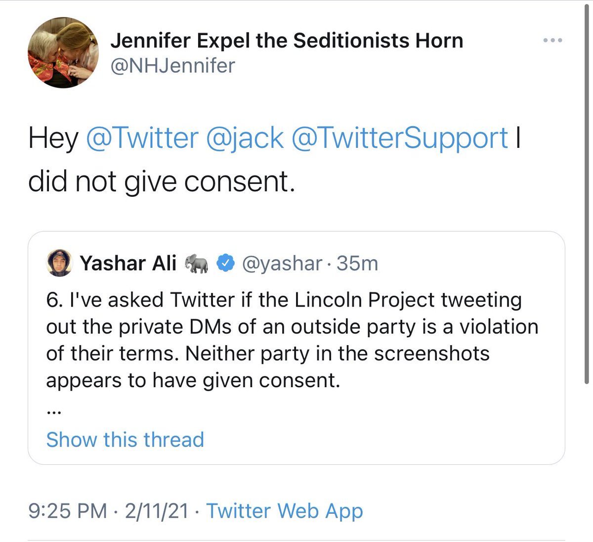8.  @NHJennifer, whose DMs are in the screenshots above, says she did not give anyone consent to access her account. More and more this appears to be a violation of federal law.