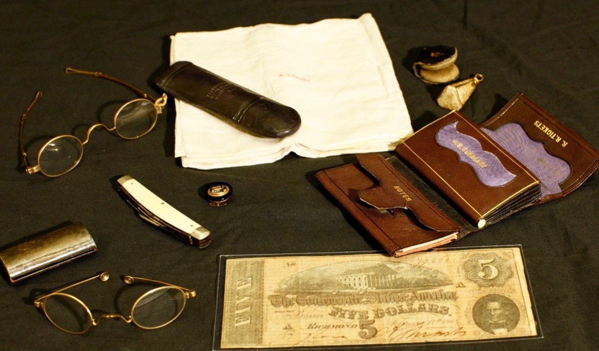 BeschlossDC's tweet image. Contents of pockets of Abraham Lincoln (born today 1809) at moment of assassination, 1865, Ford’s Theatre—not shown to public for 111 years: