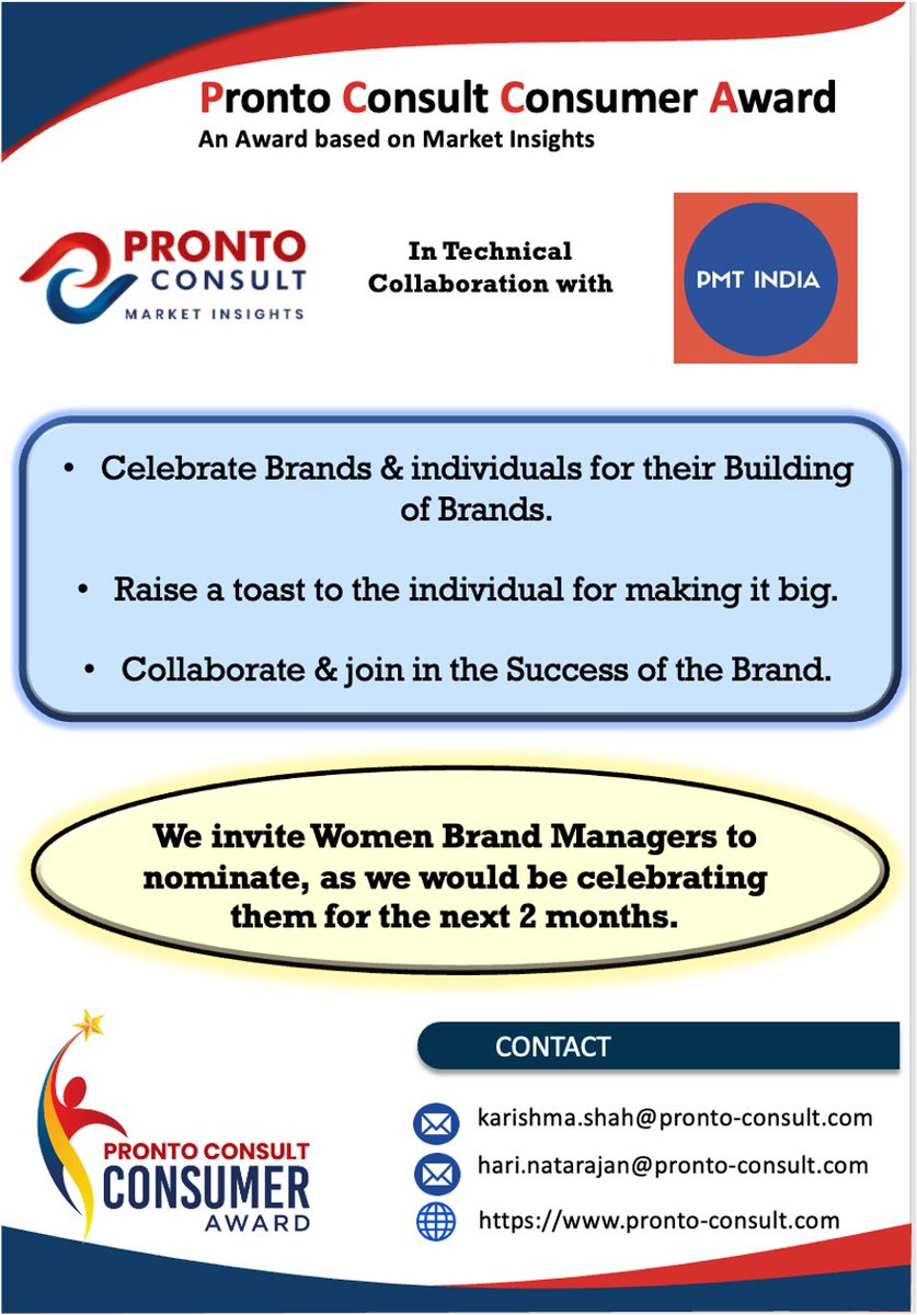 Calling Women Brand Managers for Nominations @ConsultPronto Consumer Awards #pharma #marketing #startup #india #women #brandmanagers #pmt #pharmaindustry #management #branding #celebratingwomen #awards #indianpharma #pharmaindustry #pharmacyoftheworld #marketingandsales