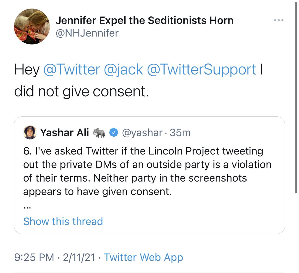 9. Important....I’m told that  @NHJennifer did not have a laptop or phone issued by the Lincoln Project.It is unclear how they accessed her direct messages in order to tweet them.It wouldn’t have been through a company issued phone or laptop and she did not give them consent