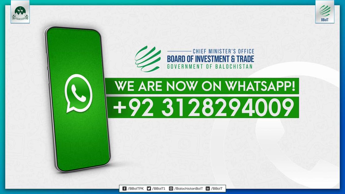 BBoIT1's tweet photo. Feel free to share all your queries and concerns on our Official WhatsApp number at: (+92)-3128294009, for easy communication.

#InvestinBalochistan 
#EmergingBalochistan https://t.co/Qto3uLzhmR