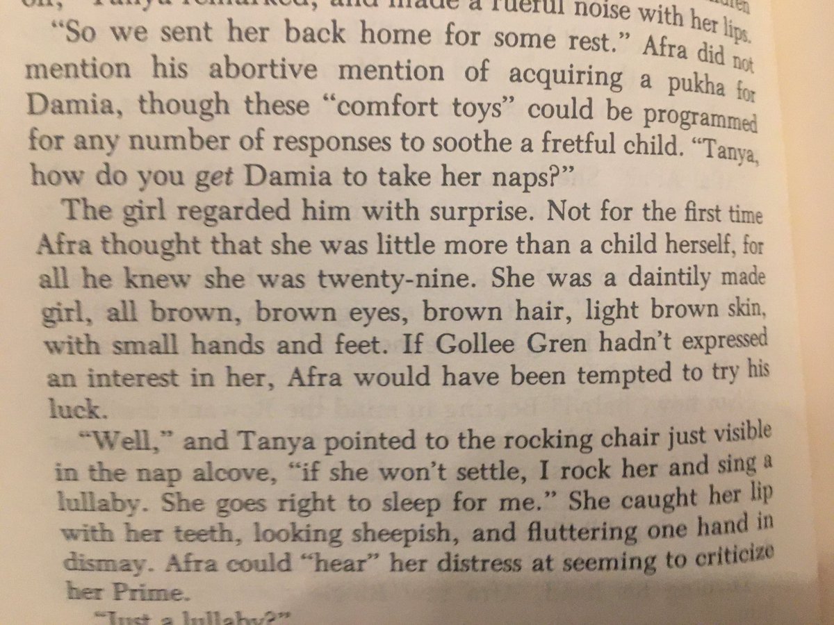 This book: Afra is old enough to think a 29yo is a child Also this book: Afra will be seduced by a tween he’s known since infancy