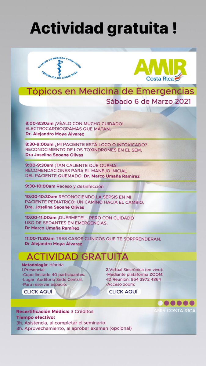 Este 6 de marzo , en el CMC , volvemos a las actividades presenciales . Están cordialmente invitados 🧑🏼‍🏫💡📖. Informes al ☎️ 22102333 <a href="/mumara04/">Marco Umaña</a> <a href="/joshe0287/">A.J Seoane</a> <a href="/medicoscr/">Colegio de Médicos y Cirujanos de Costa Rica</a> #FOAMed #proteccion #distanciamiento #educacion #EmergencyMedicine