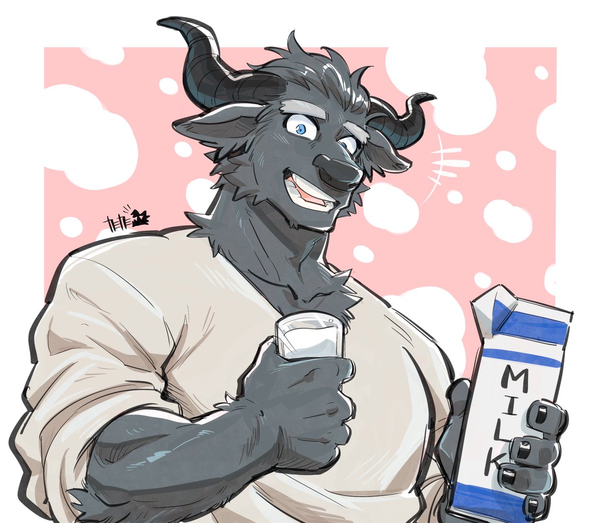「シモンズさん!!?
朝起きたらすぐに牛乳飲んでで欲しい☺️ 」|カミカミ/Kamikamiのイラスト
