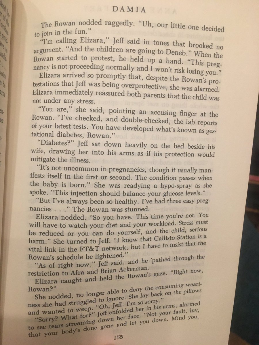 This book is so messed up in so many ways, but the Rowan having to deal with gestational diabetes and feeling a failure because of it rings very true - and is, again, a realistic, difficult aspect of pregnancy often missing from SFF novels.