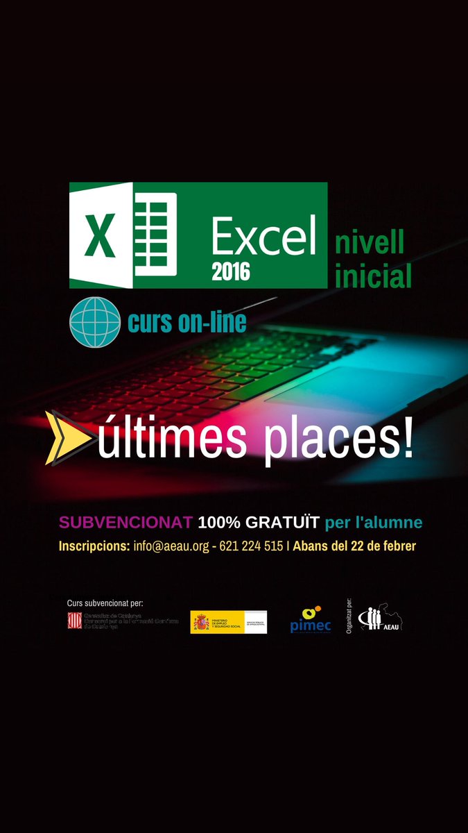 💯% GRATUÏT
👩🏻‍🎓 PILAR VILLARTE

🖊️ Inscripcions:
☎️ 621 224 515
📧 info@aeau.org

📅Inici 23 de febrer finalitza 21 d'abril
Horari: dimarts i dijous de 15.00 h a 17.15 h
⏰dimecres de 15.00 a 16.30 h
Realització: Modalitat ON-LINE aula virtual