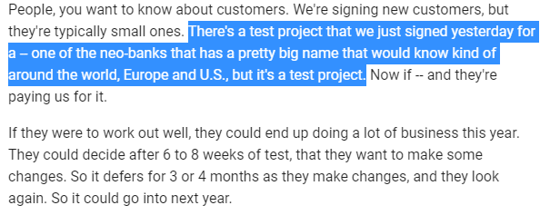 Or a widely-known neobankThe point is that even with their own fully signed clients, such as Apple, it can't be known when they'll pay out; or as with GS getting GM, what they'll do next for INSBut these 3 are how that started. It may (or may not) happen here but.. patience