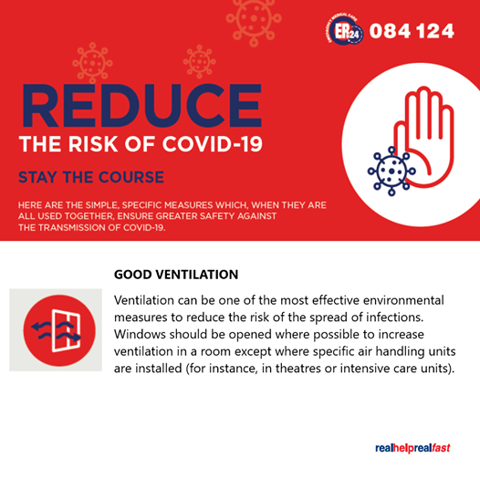911_Response24's tweet photo. Reduce the risk of COVID-19

ER24 highlight the specific and simple measurements to be taken. Today we look at GOOD VENTILATION.

#ER24 #medicalpartners #EverySecondCounts #Response24 #protectothers #protectyourself #protectyourcommunity #yourcommunity https://t.co/2w9QCKYoBt