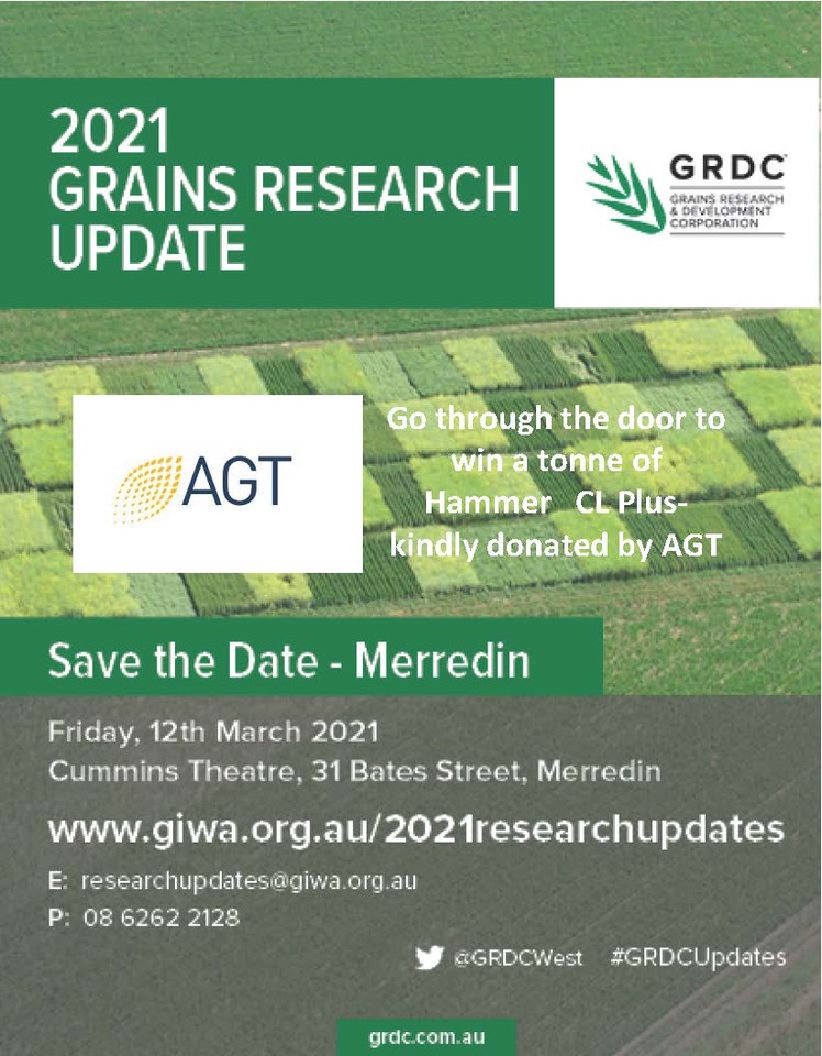 GRDC Updates are on in Merredin the 12th March- go through the door to win a tonne of Hammer CL Plus donated by AGT. 
eventbrite.com.au/e/2021-grdc-gr…