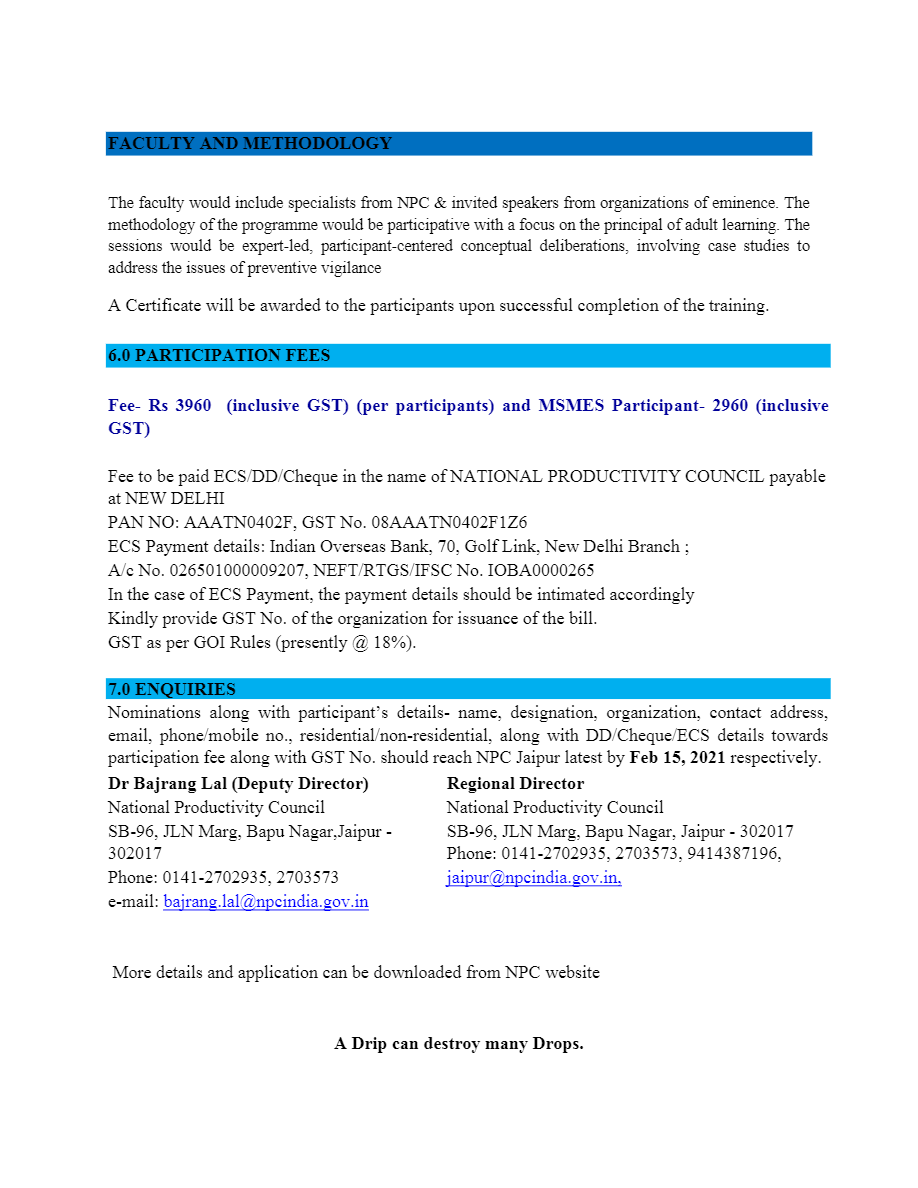 NPC_INDIA_GOV's tweet photo. Webinar on"Water Audit, Water Conservation and Management Technique"
Register Now:-https://t.co/Xx1wyXVtyK
Contact:-: 0141-2702935, 2703573
e-mail: bajrang.lal@npcindia.gov.in
Date:-Feb 17-18, 2021 CISCO WebEx Time 14.00- 17.30 Hrs
Fee:-Rs.3960/-
#npcindia #npc #webinar #Water https://t.co/5VzQCk7IOh