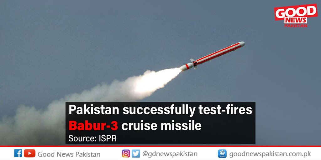 GdNewsPakistan's tweet photo. Pakistan successfully test-fired Babur-3 Cruise missile,
This Cruise missile can hit the target at 450 kilometers range on earth and sea.
#GoodNewsPakistan https://t.co/yqT5uufZgI