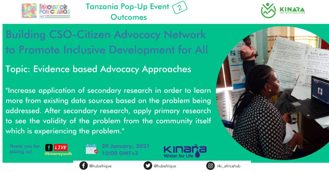 We present key outcomes from our <a href="/hubafrique/">Innov4changeafrica</a> Pop-Up Event 2 conducted on 29th January 2021. Thank you <a href="/FaridaMakame/">Farida Makame</a> <a href="/MedeyePaul/">PMedeye-TZA</a> and <a href="/ShadrackJohn/">shadrack john msuya</a> for presenting the topics of: Evidence-Based Advocacy Approaches, 
#SIC2020 #SIC2021 #AfricaHubPopUp