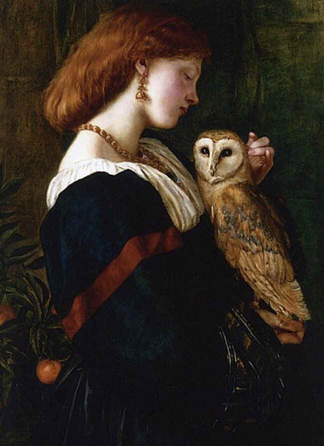 An owl is often a psychopomp, &amp; a Barn Owl is also known as a Death Owl. This 1863 painting by Valentine Prinsep, also featuring another symbol of the underworld, a pomegranate tree, is likely to have been in memory of Lizzie Sidall who died the previous year. #FaustianFriday