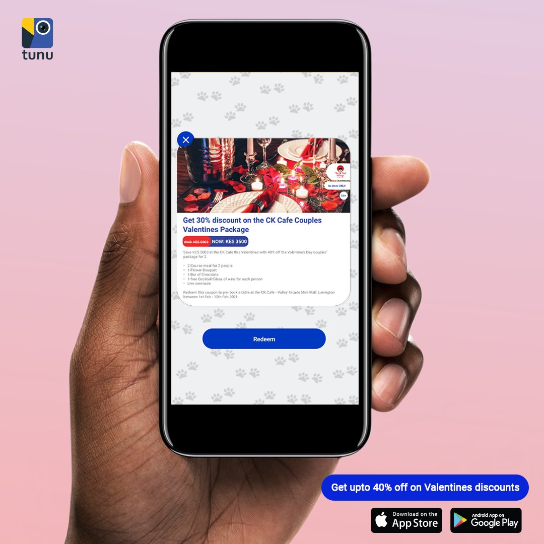Tunu_254's tweet photo. Only 1 more day to #Valentines. Don’t rush at the last minute looking for romantic plans, discounted gifts and products. Open Tunu now to get upto 40% off on Valentines plans to make this a Valentines to be remembered forever. #TunuDeals https://t.co/oFtQLpOTG1