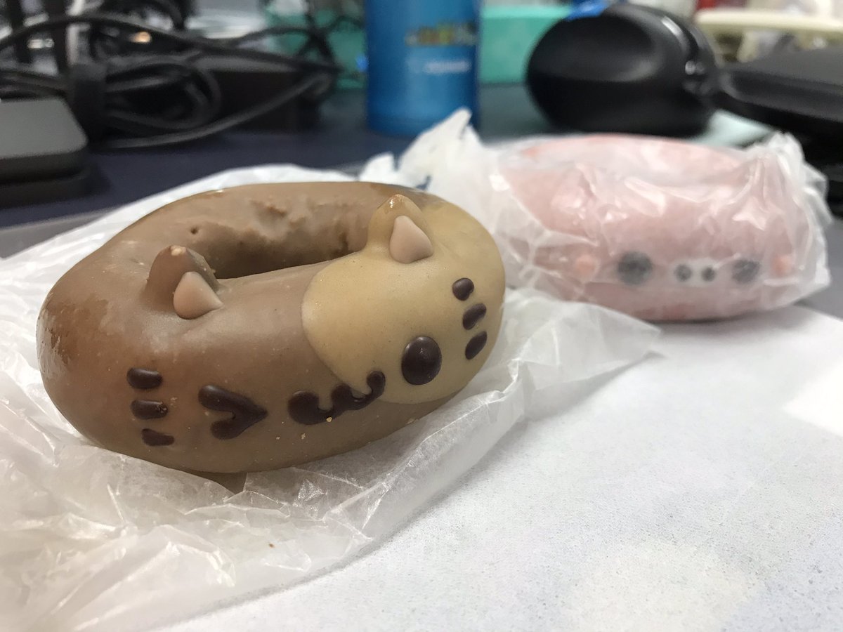 Bought cat-shaped donuts for the group today, to celebrate small, nanoscale successes in my chemistry adventures this week!

(Also a piggy donut as bonus)
#donut #ikumimama #イクミママのどうぶつドーナツ