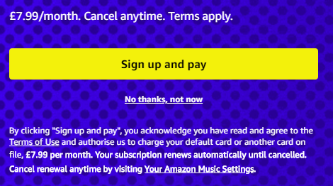 Haiku Interactive (@haikuinteractiv) on Twitter photo Nomination for the Dark UX Award 2020/2021, Amazon Music up-sell screen. Every. Single. Day. <a href="/UXUKAwards/">UX UK Awards</a> Nomination for the Dark UX Award 2020/2021, Amazon Music up-sell screen. Every. Single. Day. <a href="/UXUKAwards/">UX UK Awards</a>