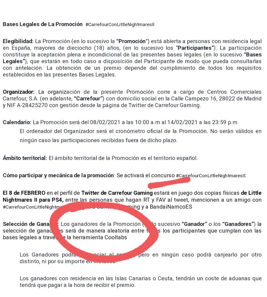 GamerInspector's tweet photo. @CarrefourGaming @BandaiNamcoES #sorteosopechoso

Señores @CarrefourGaming ustedes promocionan un CONCURSO y están realizando un SORTEO ,tal como indican sus Bases Legales. 
El sorteo es = azar y deben tributar  
El concurso = el ganador lo escoge un jurado.
Sus bases no están bien redactadas https://t.co/EszriBrlzS