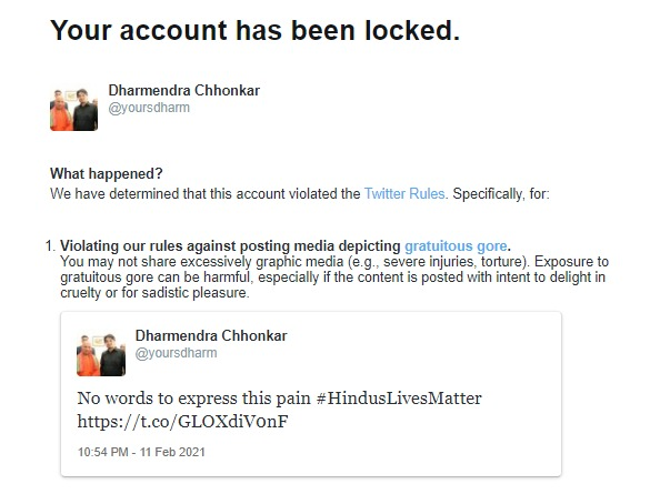 yoursdharm's tweet photo. Twitter locking the account and asking to delete the tweet just for expressing shock on #RinkuSharma murder.
#HindusLivesMatter https://t.co/YhpGXRmdmA