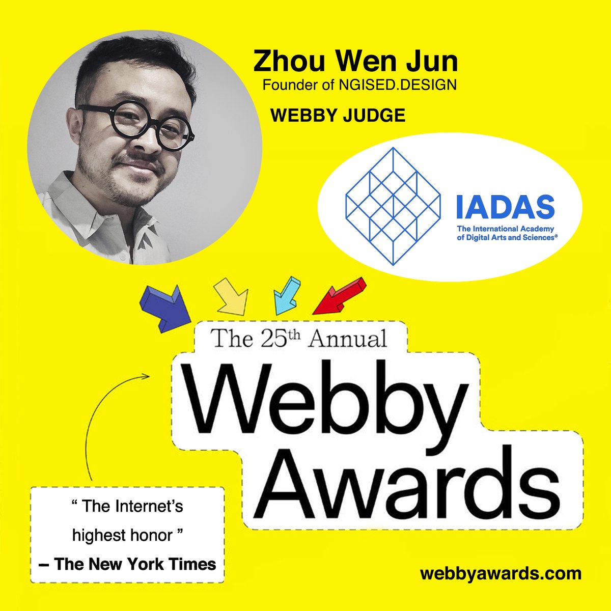 ZhouWenJun524's tweet photo. #ZhouWenJun #周文君 Honor As a #Webbys Judge, @TheWebbyAwards, 荣幸担任：美国Webby Awards评委。The internet's highest honor. by IADAS. 互联网最高奖！
I’m looking forward to seeing your work. the extended deadline is this Friday, Feb 12th!

#Design #Awards #Judge #评委 https://t.co/UCcXmh6NjU