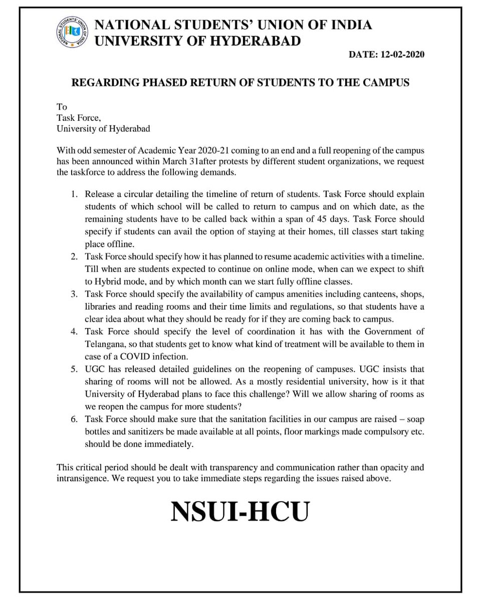 nsuiuoh's tweet photo. NSUI-HCU submitted a representation regarding phased return of students to the campus urging the administration and the taskforce to deal with this situation with more transparency and dialogue rather than intransigence.
@VenkatBalmoor @nsuiajaykumar
@NAVEDKHANNSUI
#UnlockHCU https://t.co/Z7GtQFJKxT