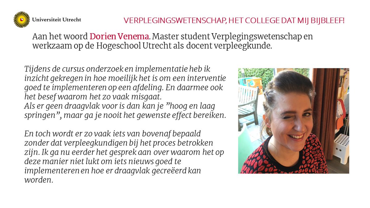Dorien Venema gaat nu eerder het gesprek aan! Wil jij weten wat #verplegingswetenschap jou of je organisatie kan brengen? Meld je aan voor de Master's Open Day van 19-2 uu.nl/masters/verple…
 #kgw #uu #verplegingswetenschap #verpleegkunde #Nursing #womaninscience