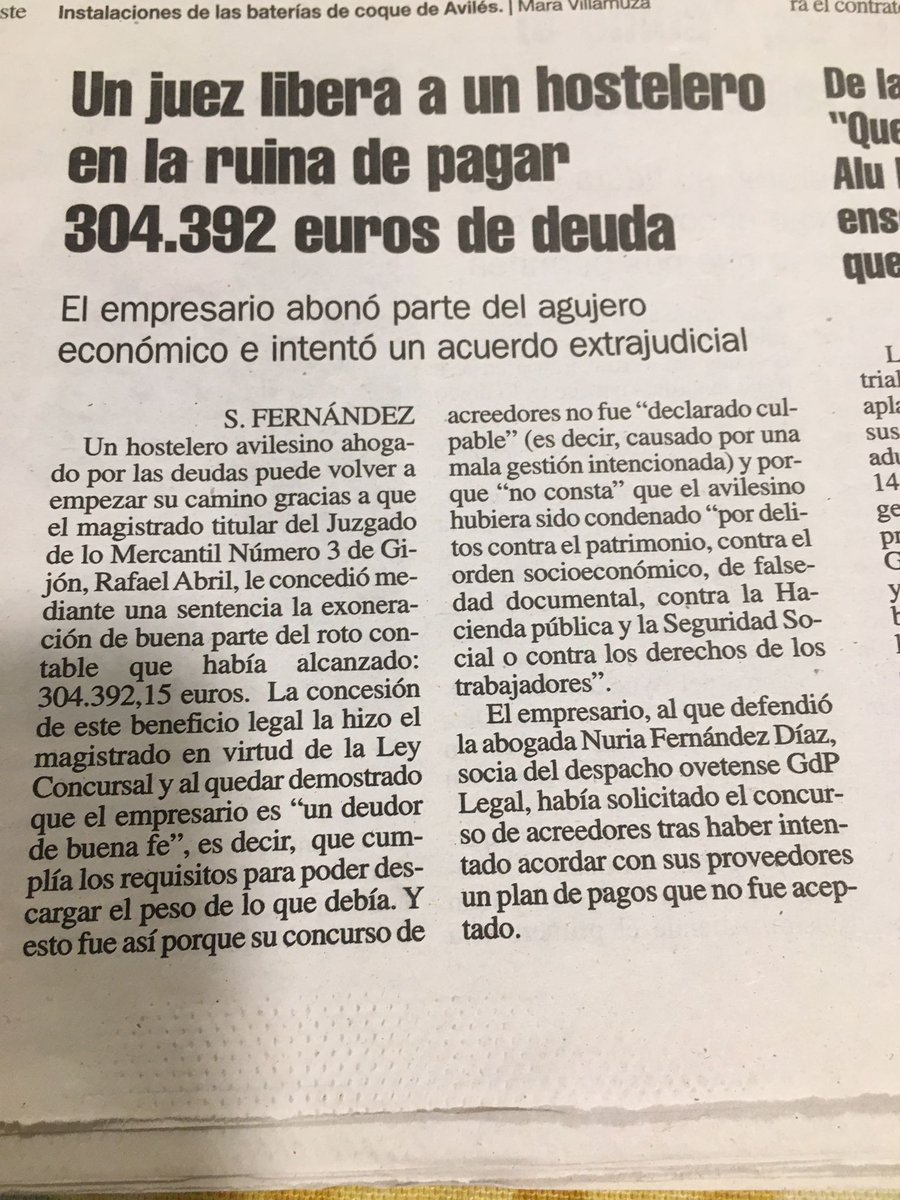 GdP_Legal's tweet photo. Un juez libera a un hostelero en la ruina de pagar 304.392€ de deuda.
El empresario fue representado por nuestra compañera Nuria Fernández Diaz. Fuente @lanuevaespana
#oviedo #abogados https://t.co/9HjpDCvD68