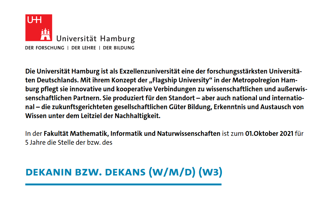 #Stellenanzeige Verantwortung für über 10.000 Studierende, ca. 250 Professorinnen &amp; Professoren sowie rund 2.000 Mitarbeitende: Unsere Fakultät sucht zum 01. Oktober eine neue Dekanin bzw. einen neuen Dekan (W/M/D). Weitere Informationen: uni-hamburg.de/uhh/stellenang…