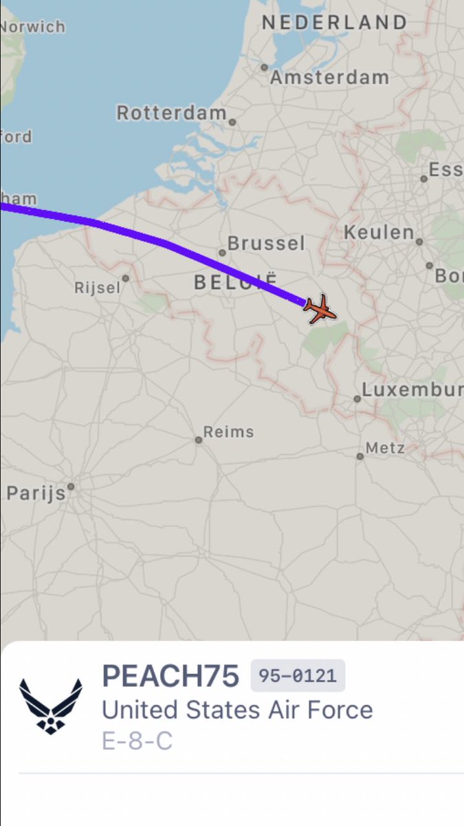 PEACH 75 (USAF E-8C JSTARS 95-0121) is inbound Ramstein Airbase for landing. #spyplane