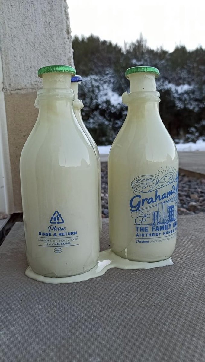 Look what happened to milk bottle deliveries left on doorsteps in Milton of Leys on the coldest night of the winter in #Inverness - Householders took to social media and shared their photos of frozen milk &amp; bottles with cracked glass <a href="/BBCScotWeather/">BBC Scotland Weather</a> <a href="/BBCWthrWatchers/">BBC Weather Watchers</a> <a href="/GrahamsDairy/">Grahams The Family Dairy</a>