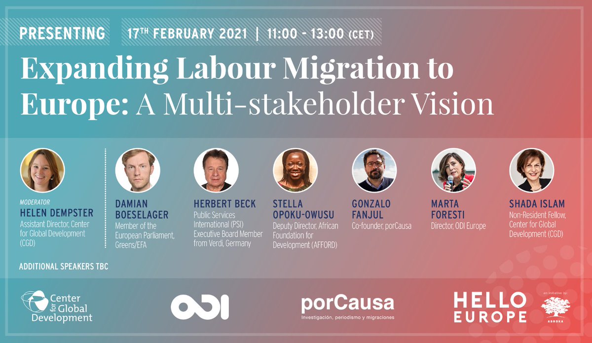 New speakers confirmed for #HelloEurope @ODIdev @CGDev and @porCausaorg policy talk on 'Expanding Labour Migration to Europe'. Join us next Wednesday (11-1p CET) to discuss how migrant changemaking can be increased in Europe.
Info & registration: hello-europe.eu/events/expandi…