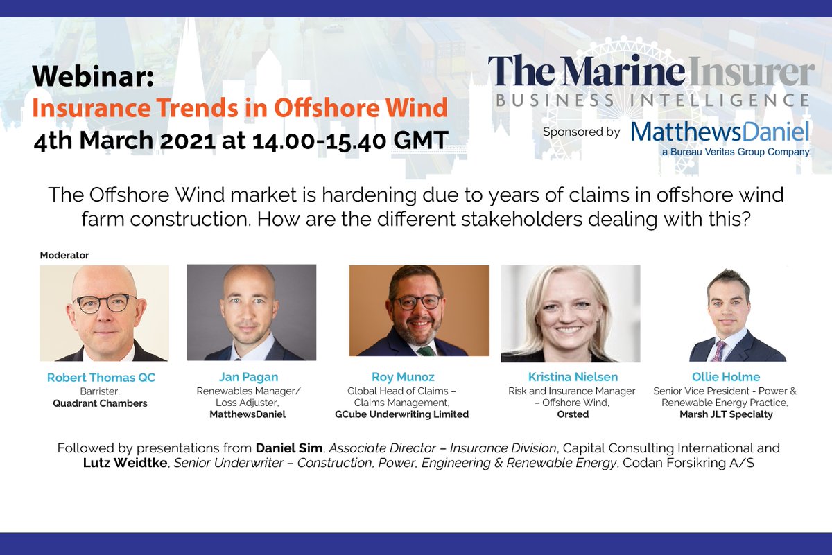 MatthewsDaniel are delighted to sponsor the forthcoming webinar on Insurance Trends in Offshore Wind. Our very own Jan Pagan will be joining the panel which will be taking place on 4th March 2021 @ 14:00-15:40 GMT please click to register today: marineinsurer.co.uk/registration12…