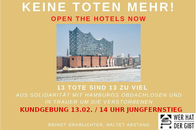 WerHatDerGibt's tweet photo. Das Sterben auf #Hamburg|s Straßen geht weiter. Diese Woche starb der 13. #Obdachlose. Der Senat lässt Menschen erfrieren anstatt sie in pandemiebedingt leerstehenden Hotels unterzubringen.
Ein Armutszeugnis für eine Stadt mit 42.000 Millionär*innen.
#openthehotels #nonazishh https://t.co/VGeVQQffTz