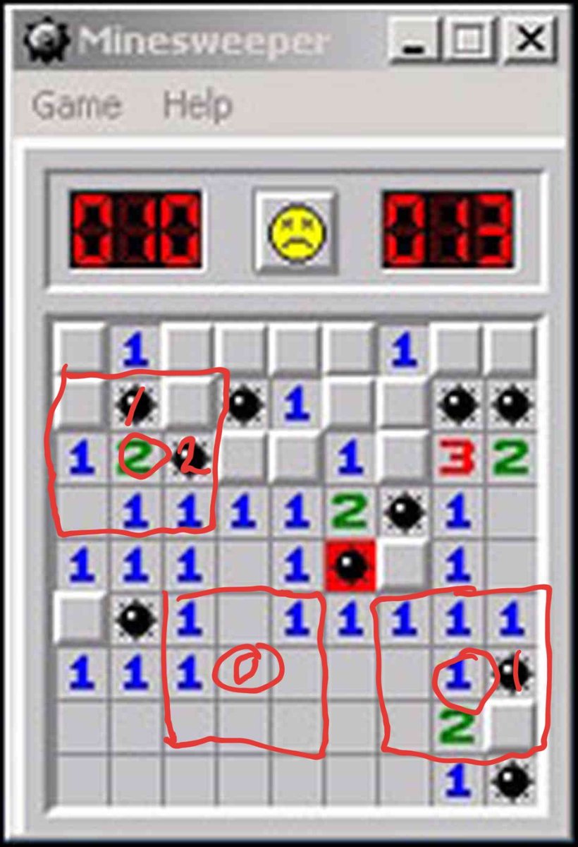 linn_agerhem's tweet photo. @ASpeedyTurtle2 @nailogical Every number tells how many bombs surrounds it, like the boxes below, empty means zero, by right clicking you can flag where you think there are bombs and then double click a number to open up everything that is cleared and safe. https://t.co/MxdjspcGqU