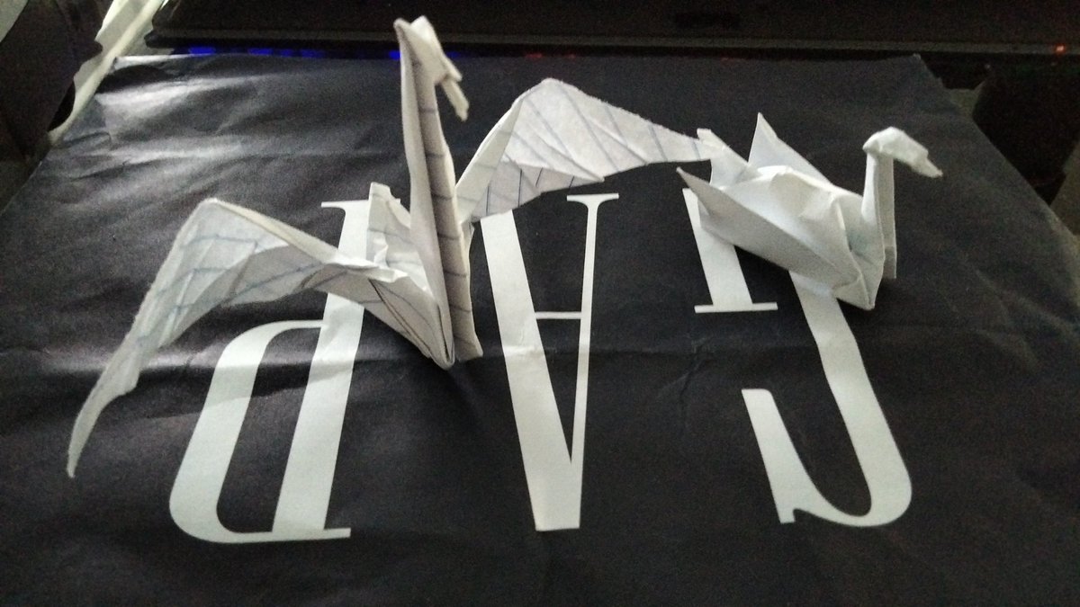 PaperFemboy's tweet photo. Here is two origami swans I made for @TechFemboy ! Im sorry if I used intermediate pad paper to fold it. Please comment below any requests and I may make them 😁 https://t.co/K2mlkbpyia