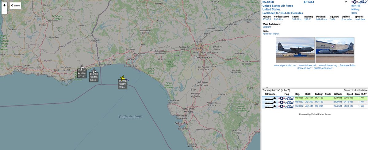civ_pt's tweet image. 🇺🇸 US Air Force 
3 x Lockheed C-130

RCH204  05-8152
RCH153  04-8153
RCH158  05-8158

Departed from #LERT #ROTA Naval Station, inbound West.
#USAirForce #USNavy #USMC #USAF #Marines #avgeeks #avgeek #planespotting #haveglass #ADSB #military