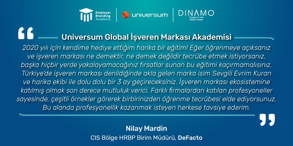 __Dinamo__'s tweet image. DeFacto CIS Bölge HRBP Birim Müdürü Nilay Mardin, İşveren Markası Akademisi deneyimini paylaşıyor. Akademi, 17 Mart&apos;ta @evrimkuran liderliğinde 6. kez başlayacak. Online sertifika programı hakkında detaylı bilgi ve kayıt için info@dinamo.co adresinde bize ulaşabilirsiniz.