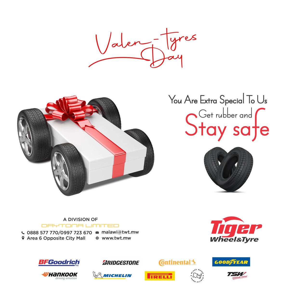 TWTMalawi's tweet photo. Love is making sure those around you are also safe, get your loved ones tyres for valentine's! #TWTMalawi #JourneyOn https://t.co/Lcu7vn1h42