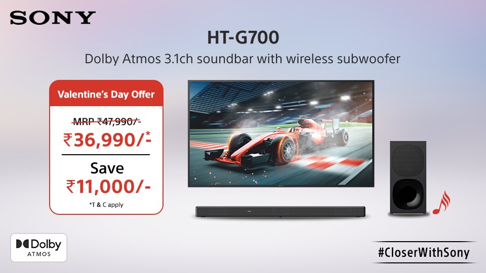 sony_india's tweet photo. Add a cinematic feel to your movie marathon with your loved one and immerse yourself in the amazing surround sound of the @DolbyIn Atmos HT-G700 #SonySoundbar. Avail our special Valentine’s Day offer and save Rs.11,000. Shop Now: https://t.co/xeKklV6AAG
#CloserWithSony https://t.co/VezpC9sMOF