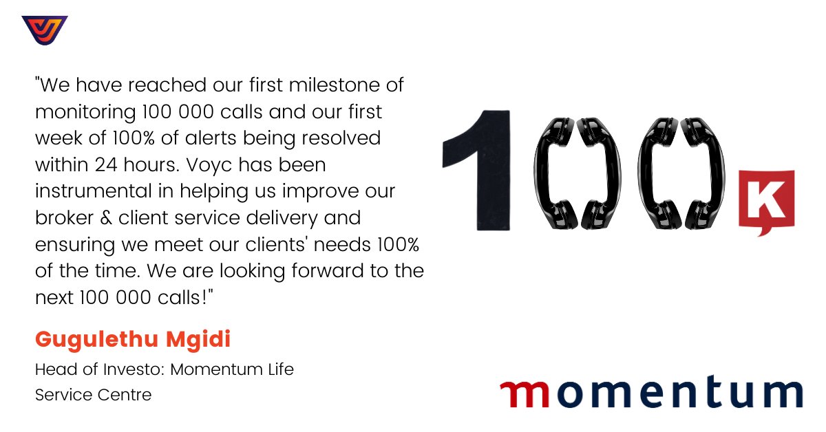 Voyc (@voyc_ai) on Twitter photo We are excited to announce the massive milestone achieved by Momentum. 
Read what Gugu Mgidi said about reaching the first milestone of monitoring 100 000 calls and achieving the first week of 100% of alerts being resolved within 24 hours.
.
.
.
#insurance #CustomerService #tech We are excited to announce the massive milestone achieved by Momentum. 
Read what Gugu Mgidi said about reaching the first milestone of monitoring 100 000 calls and achieving the first week of 100% of alerts being resolved within 24 hours.
.
.
.
#insurance #CustomerService #tech