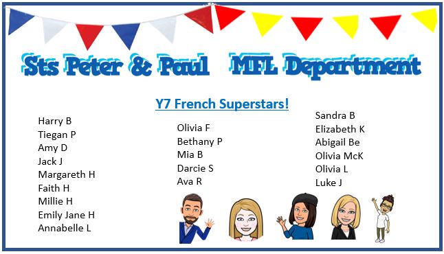 Well done to all our Y7 students who have been logging on to the live lessons and actively engaging with your teachers.  Bien fait!  Enjoy the half term break.