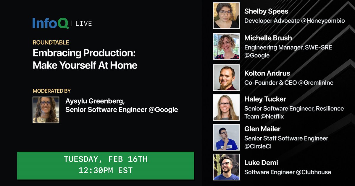 Join this #InfoQLive roundtable on Feb 16th to learn from industry leaders and fellow practitioners about how they embrace production: bit.ly/2MQVi9V
 
<a href="/michellebrush/">Michelle Brush</a> <a href="/KoltonAndrus/">Kolton Andrus</a> <a href="/hwilson1204/">Haley Tucker</a> @shelbyspees <a href="/aysylu22/">Aysylu Greenberg</a> <a href="/glenathan/">Glen Mailer</a> <a href="/luke_demi_/">Luke Demi</a>