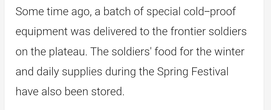 The PLA winter stocking is an ongoing process due to better road and rail infra.However soldiers seem to have received specialised winter equipment recently.They have stocked special meals for the Chinese New Year which indicates a long term deployment.