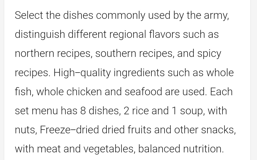 Chinese MRE (Meals Ready to Eat) has a lot of variety including something called the Sichuan Cuisine ( Regional variations in play)