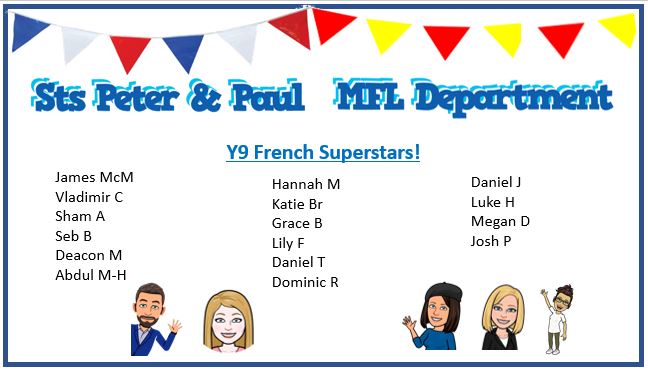 Well done to all our Y9 students who have been logging on to the live lessons and actively engaging with your teachers.  Bien fait!  Enjoy the half term break.