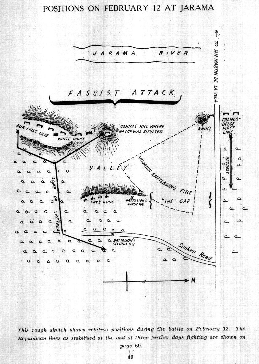 Wintringham faces three battalions of Moroccans, including a heavy machine gun and mortar company, together with two banderas of the Foreign Legion. The Fascists have assembled almost 2,000 troops in the sector. The Brigaders are outnumbered by more than 3 to 1. 4/