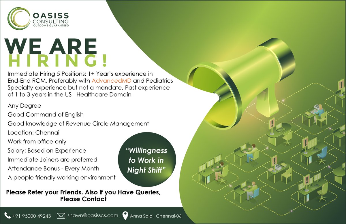 Dear All, A Great #JobOpportunity to Join our company for 5 Positions 1+Years experience in End-End #RCM. Preferably with #AdvancedMD and Pediatrics Specialty experience but not a mandate ,Please refer your friends. Also if you have queries, please contact Shawn (+91 95000 49243)