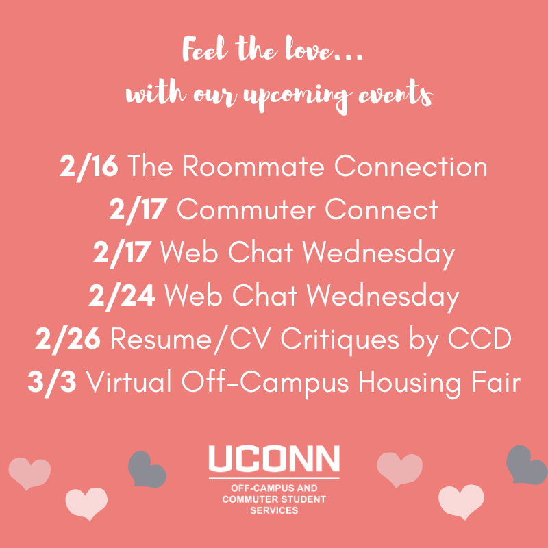 UCONNOffCampus's tweet photo. We want to wish you a Happy Valentine’s Day! There will be special treats placed in the Commuter Lounge for commuters and off-campus students from 9am-2pm TODAY. To be respectful of your fellow commuters, only take ONE item. Items will be replenished every hour, on the hour https://t.co/SSFRuCWqmD