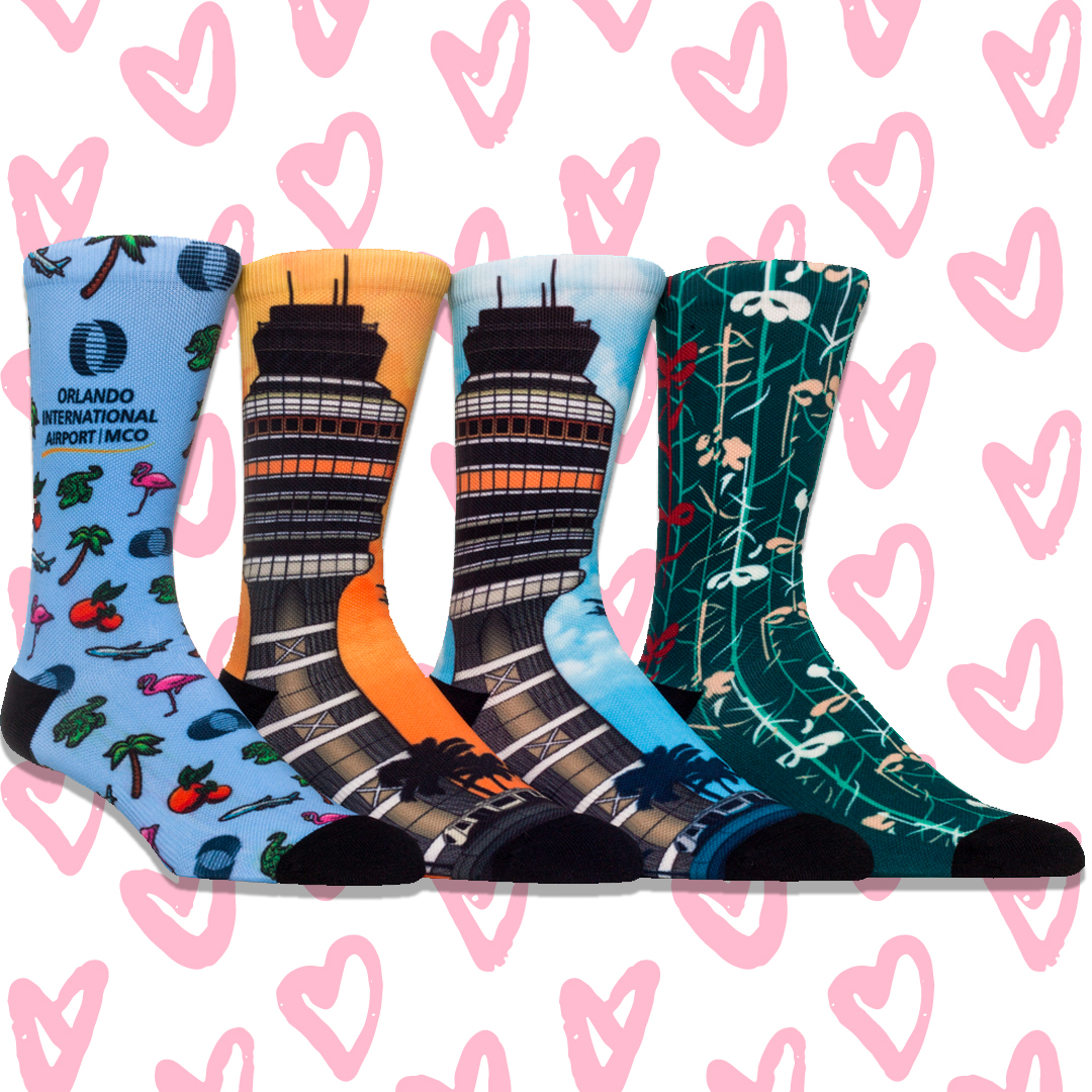 MCO's tweet image. ❤️It’s an early #ValentinesDay giveaway! ❤️
Quote tweet this with #MCOsocks and your favorite pattern: Florida Life, Sunset Tower, Tower, Airside Carpet - for a chance to win. Five lucky winners &amp;amp; their sole-mates will get to take a home a little piece of MCO. 🧦