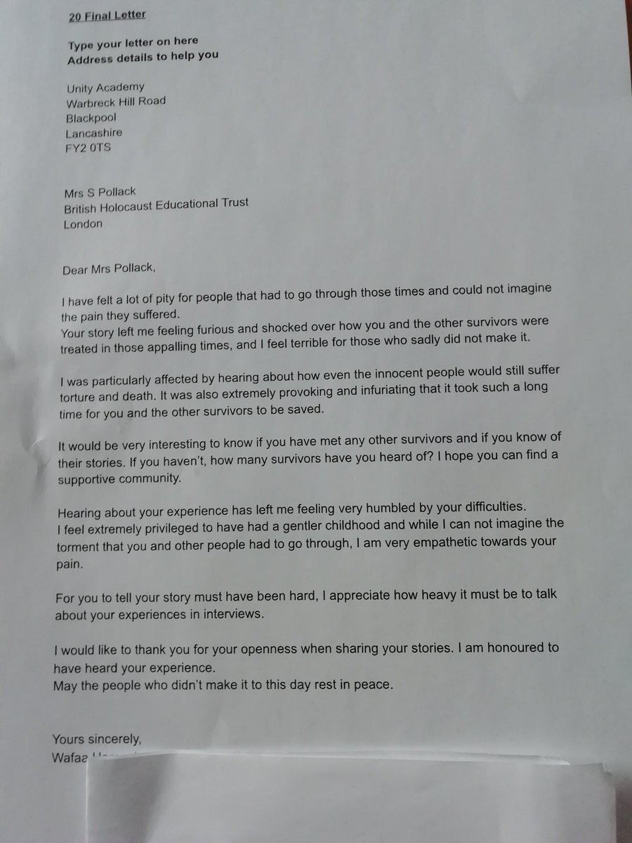 UnityEnglish's tweet image. This week @RawcliffeMrs’ year 7s have been writing letters in response to learning about the Holocaust. Here are two brilliant examples from Abbie and Wafaa. Thank you to @HolocaustUK for sharing their excellent resources! @UnityBlackpool