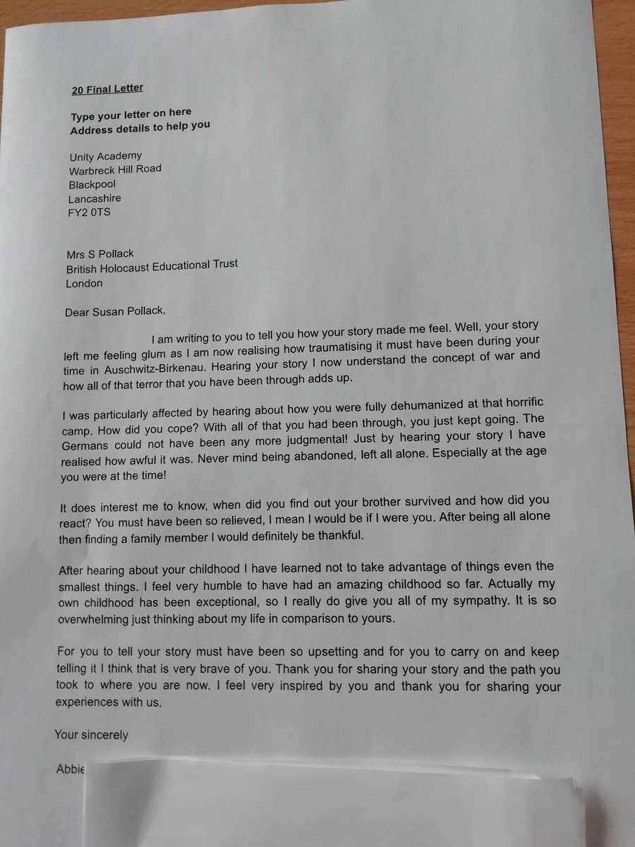 UnityEnglish's tweet image. This week @RawcliffeMrs’ year 7s have been writing letters in response to learning about the Holocaust. Here are two brilliant examples from Abbie and Wafaa. Thank you to @HolocaustUK for sharing their excellent resources! @UnityBlackpool